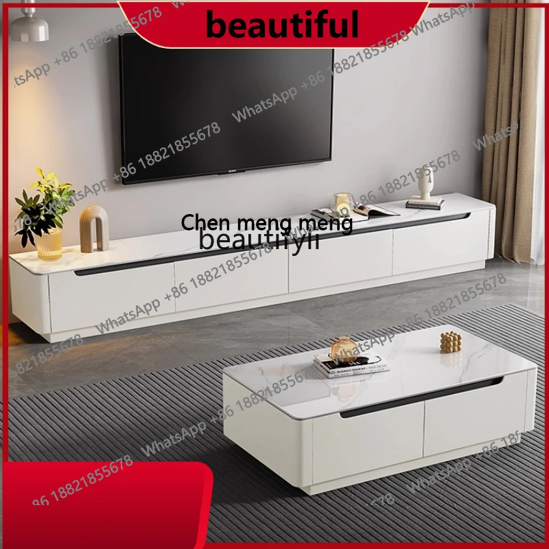 

Rock slab TV cabinet coffee table, living room home light luxury high-end solid wood floor TV cabinet combination H
