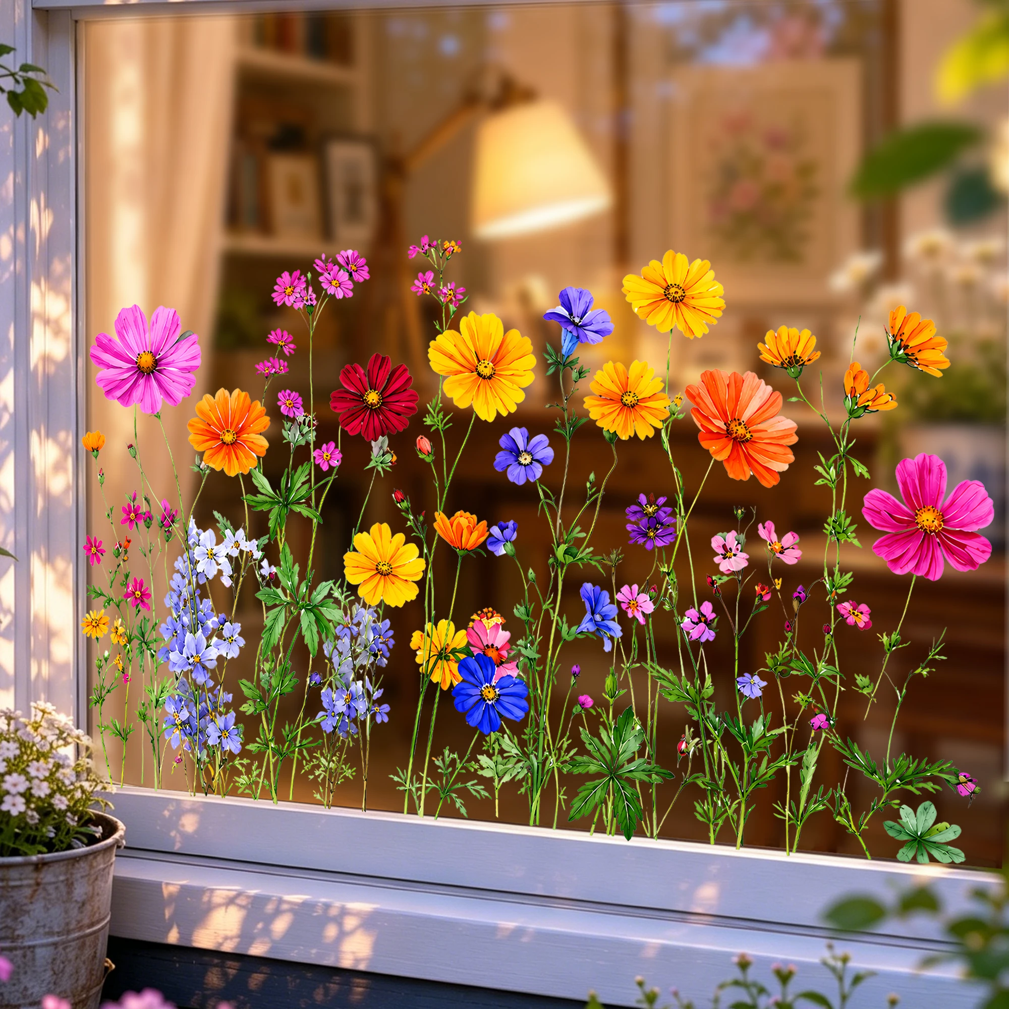 Bunte Wildblumen-Wiesen-Fensteraufkleber – wiederverwendbare statische Aufkleber, keine Rückstände, florale Aufkleber für Küche, Wohnzimmer, Balkon