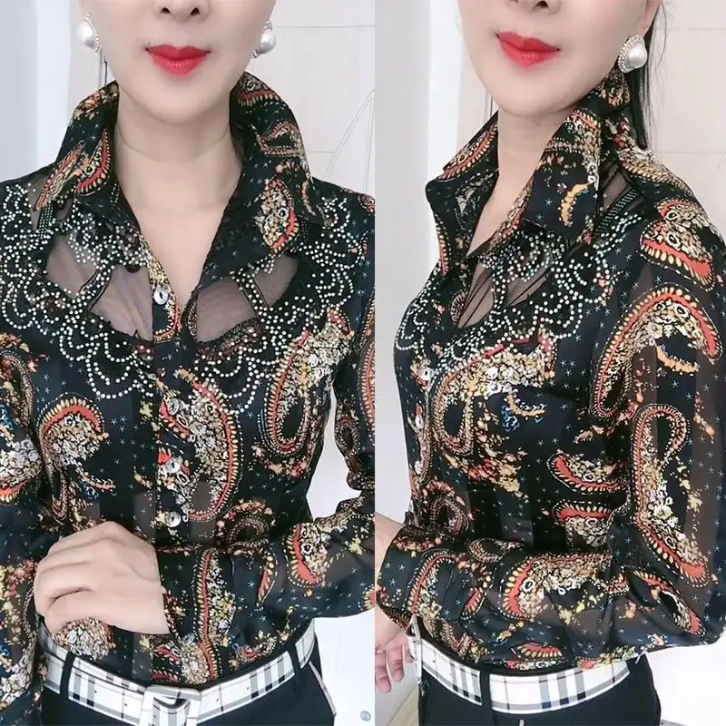 Loose Printed Long Sleeved Fashionable Elegant Chiffon Lace Shirt for Women New Spring Autumn High-end Western Floral Bottom Top