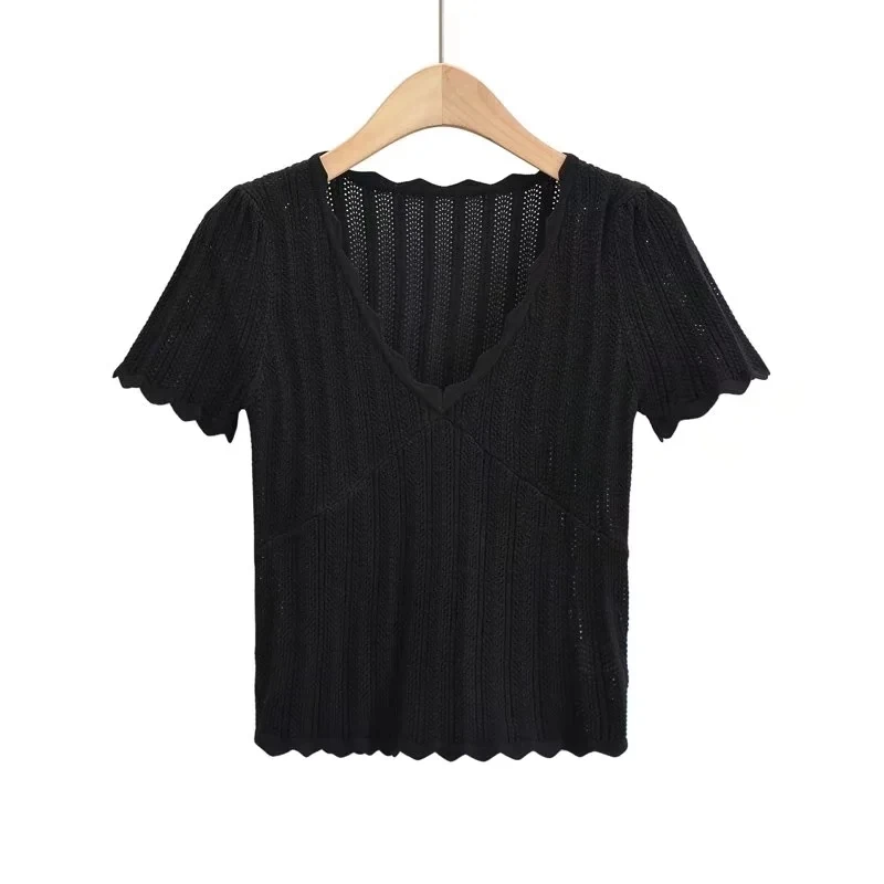 Women V Neck Knitted Crochet Tee With