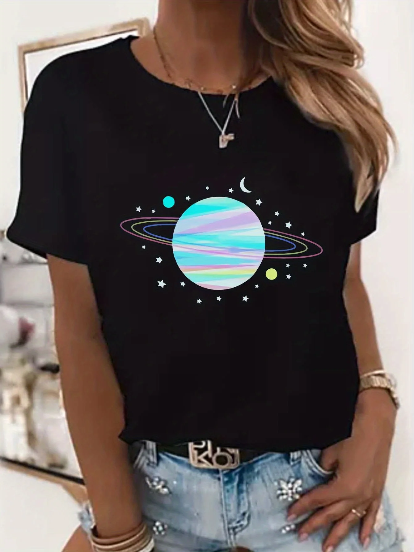 Casual dames T-shirt met ronde hals en kleurrijke planeetprint, 95% polyester 5% elastaan, korte mouw, normale lengte,