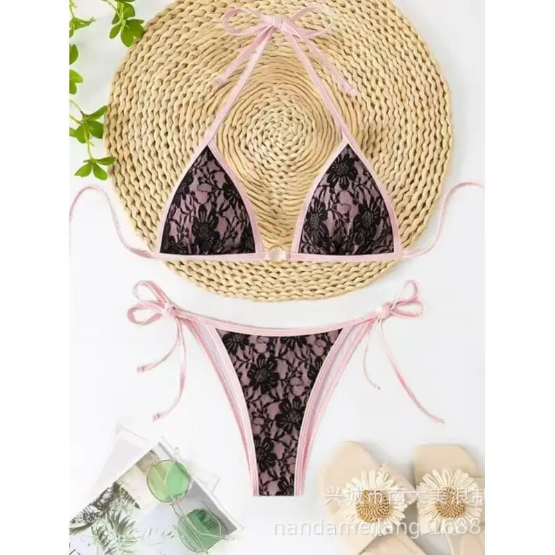 

2026 Модные женские треугольные трусики-бикини с кружевом, пляжные, сексуальные, утягивающие, без спинки, на бретельках, в европейском стиле, в наличии