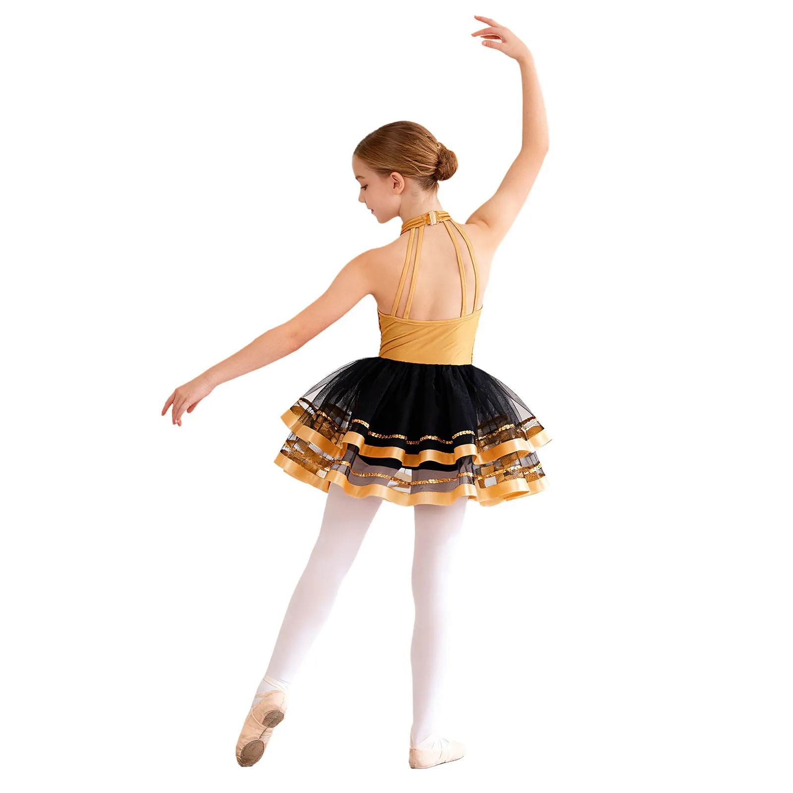 Glitzerndes Pailletten-Ballett-, Jazz- und Stepptanzkostüm für Mädchen, mit Neckholder-Oberteil und mehrlagigem Tüllrock für Wettbewerbe. – Detail 29