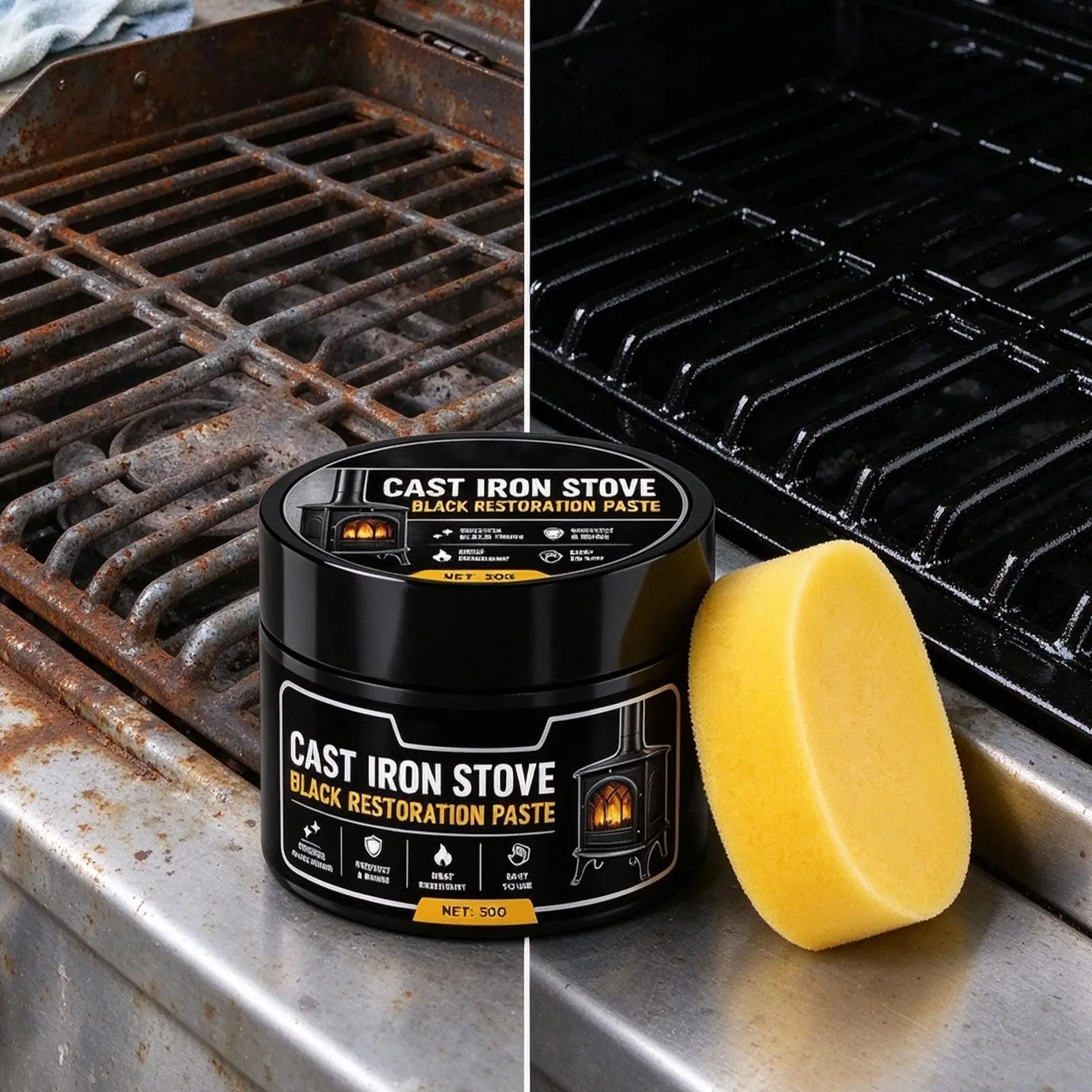 50g Black Stove Polish with Sponge, Heat-Resistant Protective Coating, Cast Iron Steel Grate Restorer, High-Gloss Rust Cover