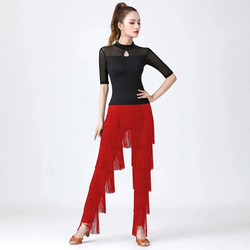 Women Latin Dance Pants Tassels Black Red Fringe Ballroom Tango Salsa Elastic Waist Fashionable Practice Performance Trousers