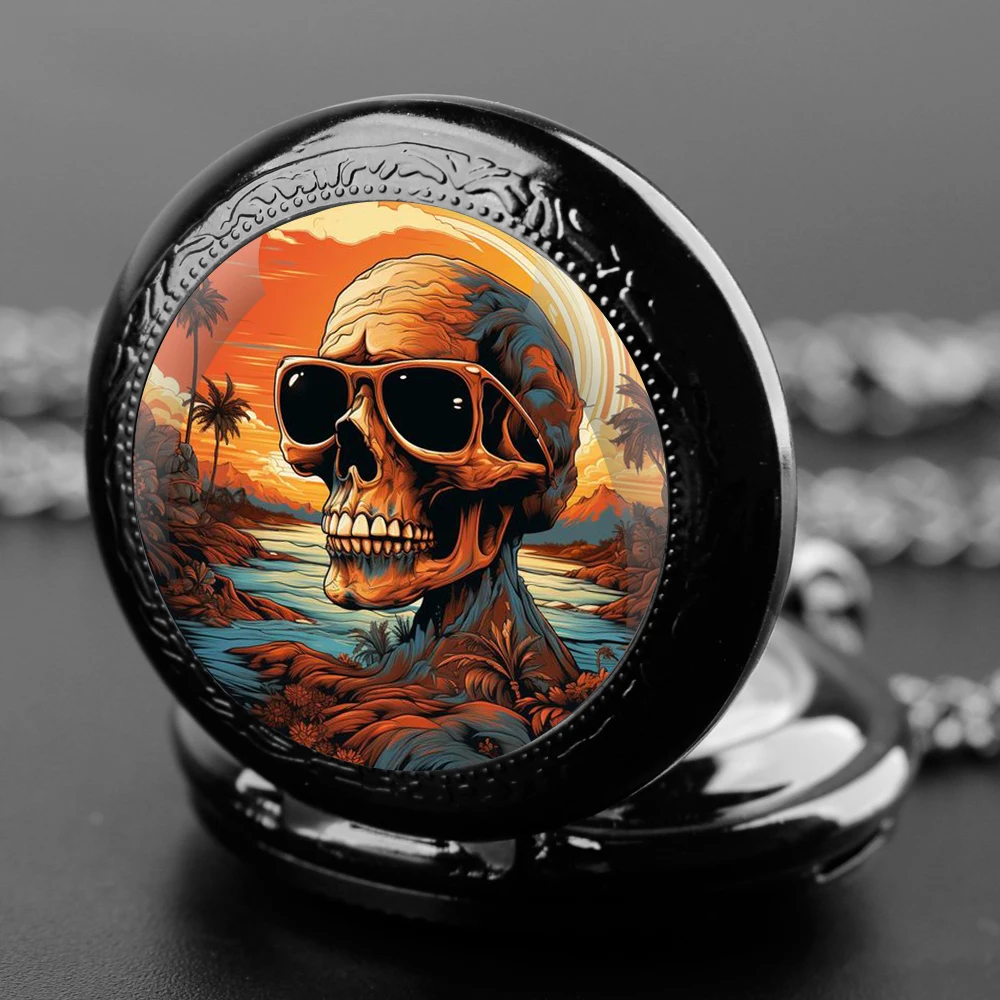 Modieus Skull Design Glazen Koepel Quartz Zakhorloge Met Duurzame Ketting Arabische Cijfers Wijzerplaat Voor Mannen En Vrouwen Creatieve Geschenken