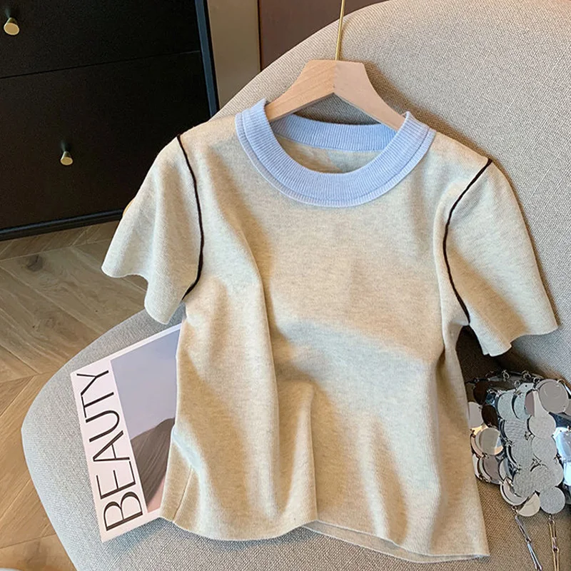 

Vintage Fashion Patchwork Women's High Street Knitted O-neck T-Shirt Summer Elastic Slim Short Sleeve Casual Tops