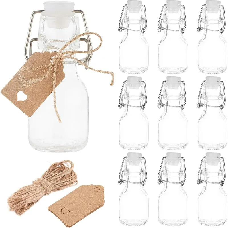 

12 Pack 2oz (60ml) Mini Swing Top Glass Bottles with 20pcs Hang Tags and 1 Bundle Hemp Cord for Wedding Party Favors, Décor