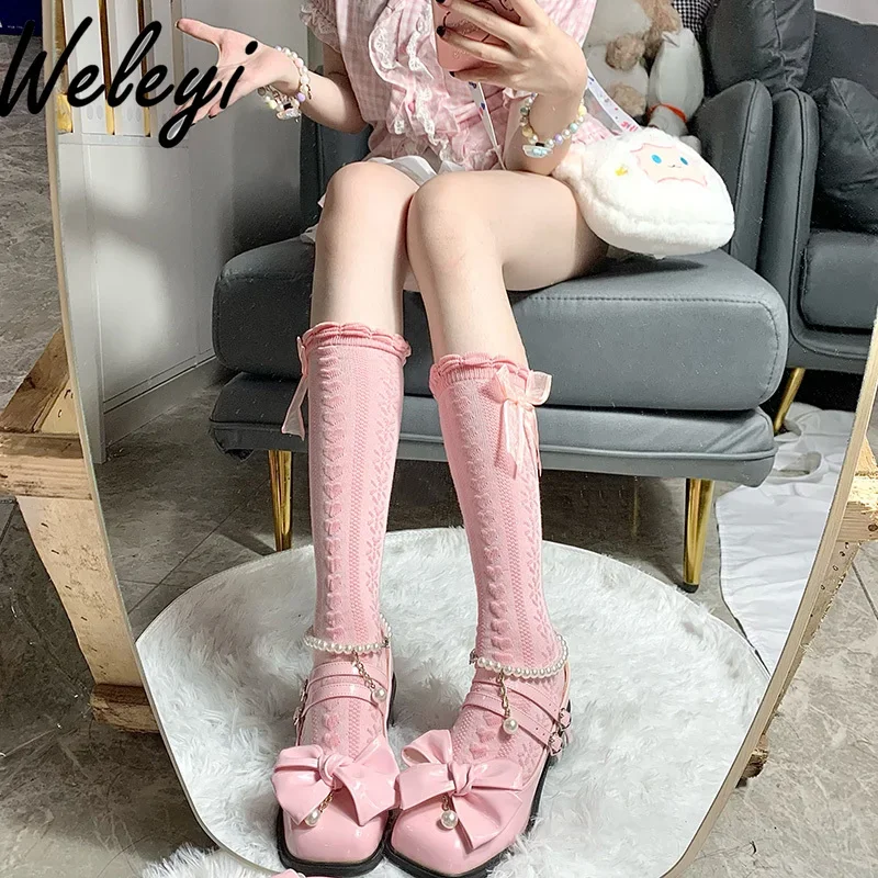 Japanese Lolita Bow Lace Pink Socks Jirai Kei Autumn and Winter New Jk Uniform Stockings Women Medium Tube Stacking Calf Sock