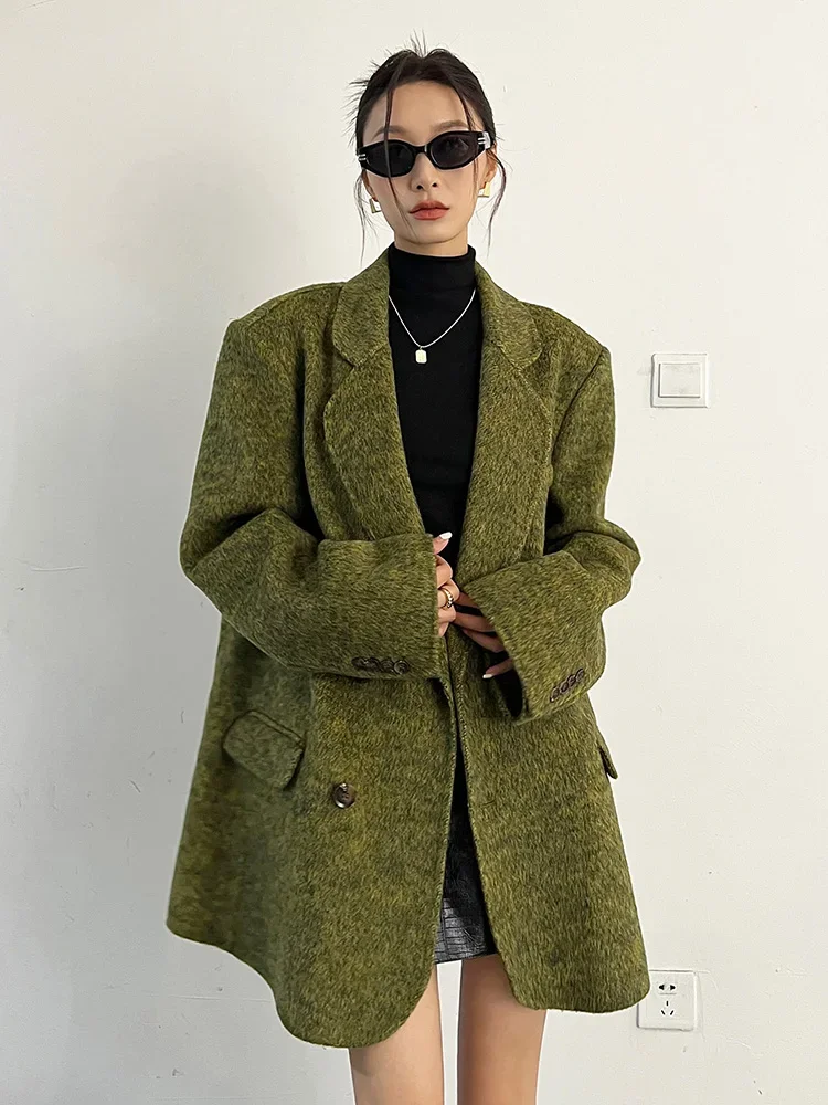 kiesza lyte 2024 Autumn Winter New Fashion Vintage High Quality Green Wool Blazers woolen Jacket Long Coats Women Сукно-пальто