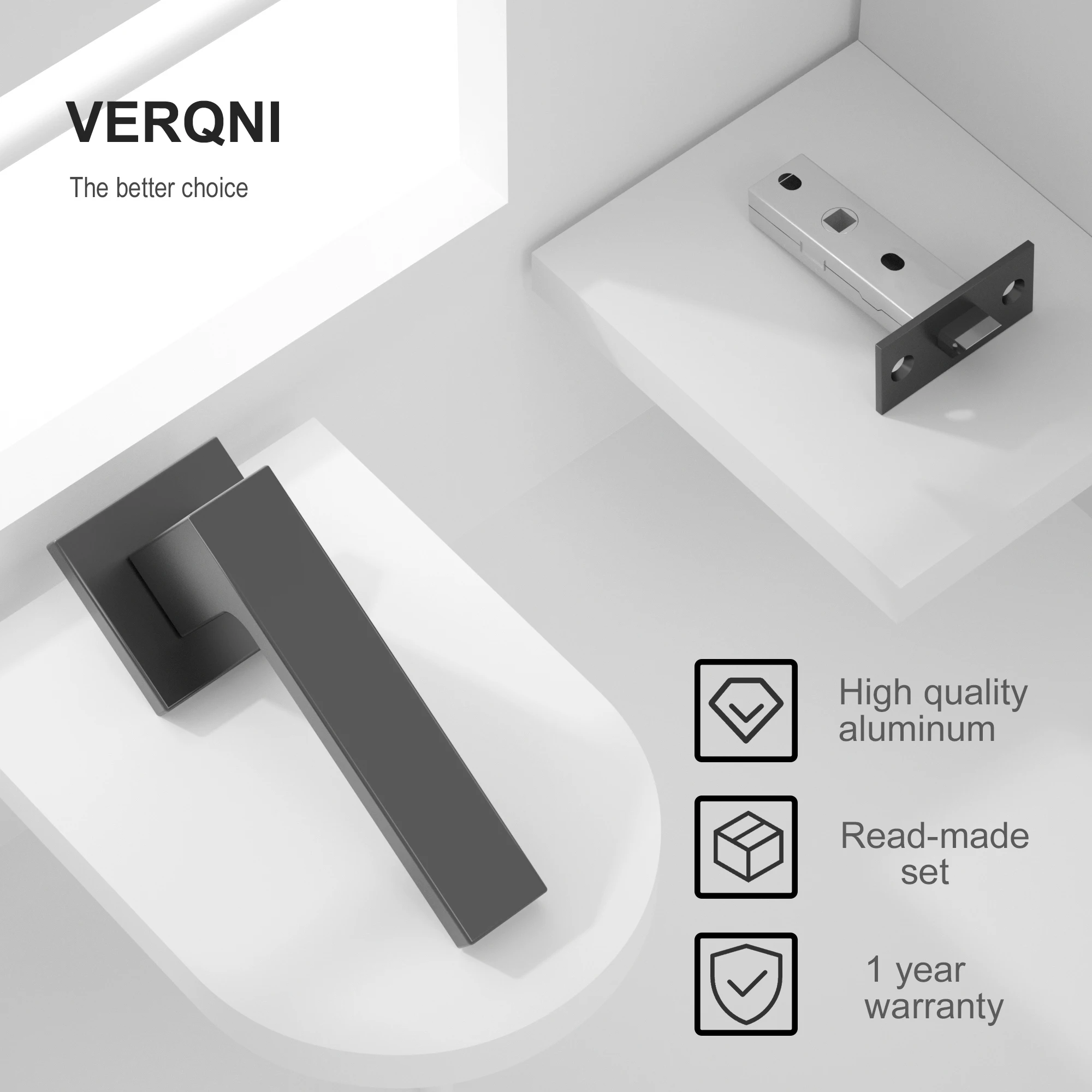 

VERQNI MANIGLIE & ACCESSORI Minimalist HRAB-258 Matte Black Rectangle Modern Aluminium Door Handle Lock set interior main door