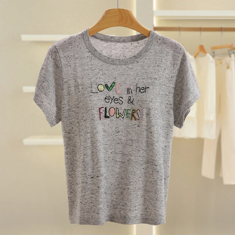 

Ele Embroidered Letter round Ne ort Sve Thin Knitted Sweater Faionable Women's Autumn Top Comfortable Straight Cut