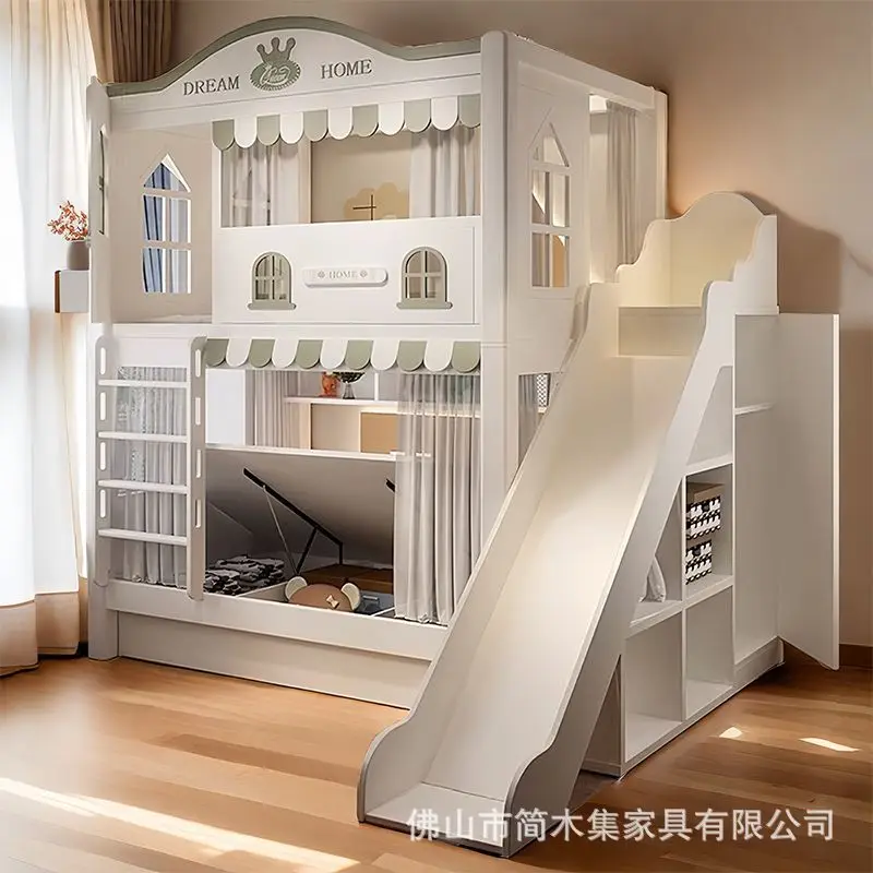Children Castle Bunk Bed With Slide High Safety Guardrail Pink Multifunctional Toddler Double Bed