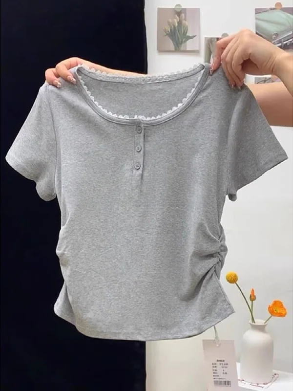 

Женская летняя новинка: футболка больших размеров из чистого хлопка с кружевной отделкой, коротким рукавом, плиссированным узлом и в корейском стиле