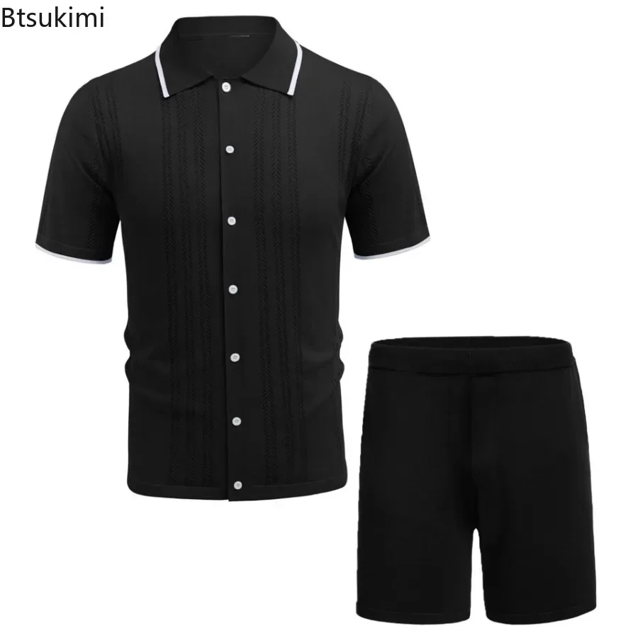 2025 New Men's Business Casual Two Piece Set Summer Cool Ice Silk Knitted Jacquard Polo Shirt Shorts Sets Men Golf Sport Outfits