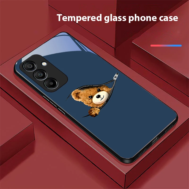 Zipper Bear Brown For Samsung Galaxy A15 5G 54 4G 51 50 24 35 90 71 12 51 53 52S 80 22 34 Black Tempered Glass Phone Case