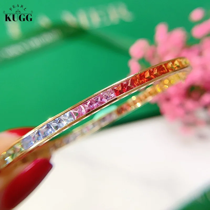 

KUGG 18K Rose Gold Bracelet Real Natural Aquamarine Shiny Rianbow Shape Luxury Gemstone Fine for Women Party Jewelry