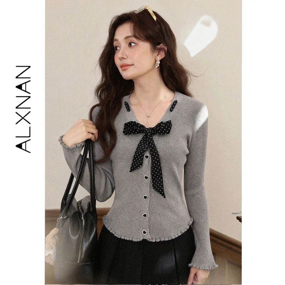 ALXNAN Grey Knit Sweater Women Fall V‑neck Ruffle Hem Polka‑dot Bow Design Pullover Heart‑shaped Metal Button Short Top L678117A