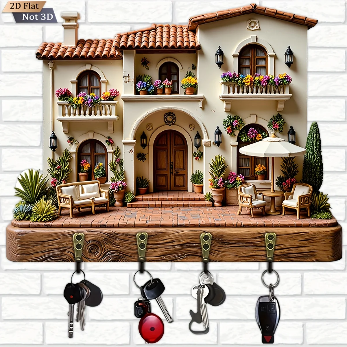 2D Flat, 1pc, Garden Villa Style Key Hook Wooden Multifunctional Home Key Holder with Four Metal Hooks, Wall Decoration, Porch
