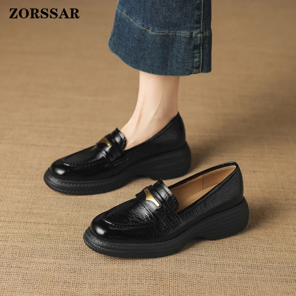 

Women's V-Shaped Trim Soft Sole Loafers Genuine Leather Slip on Comfortable Casual Office Daily Walking Ladies Platform Shoes
