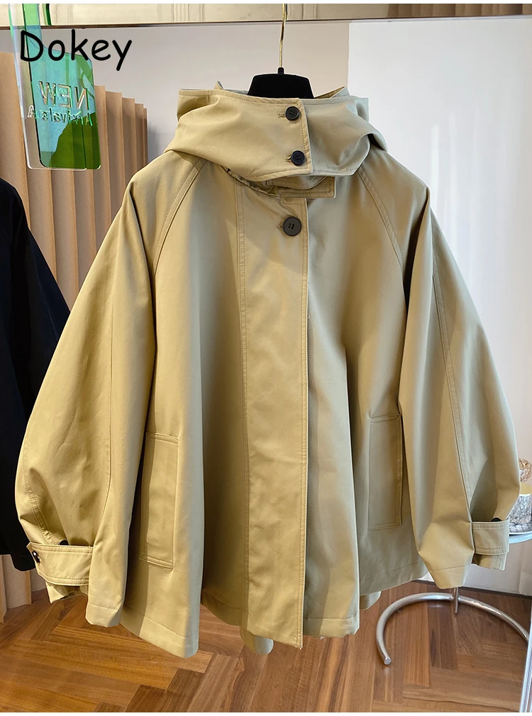 Vintage Khaki Hooded Trench Jacket Women Korean Spring Design Casual Long Sleeves Oversized  Zip Up Jackets Loose Outwear Female