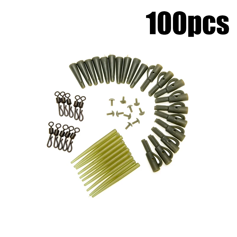 100-Piece Set of Specialized Line Rig Accessories for European Carp Fishing and Fly Fishing, Is a Key Consumable for Wild Fishing of Large Fish Species (Such as Carp, Grass Carp, Black Carp), Widely Compatible with Ronnie Rigs, Helicopter Anti-Slip Rigs, and Long-Distance Casting Techniques. Includes: Positioning Stop Beads, Three-Way Knots, Quick Snap Swivels, Etc