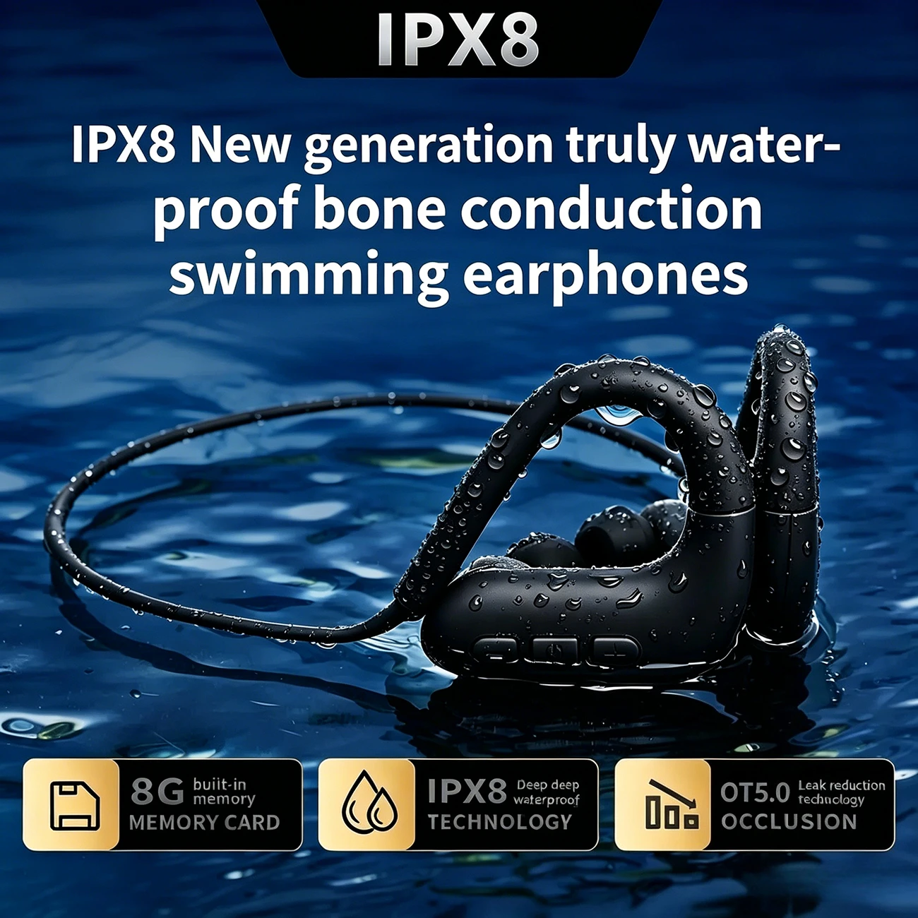 

Open Ear Bone Conduction Headphones, IPX8 Waterproof Swimming Headset with 8GB Storage