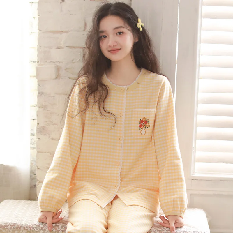 

Japanese sweet plaid pure cotton brushed autumn and winter women's pajamas casual home clothes can be worn outside