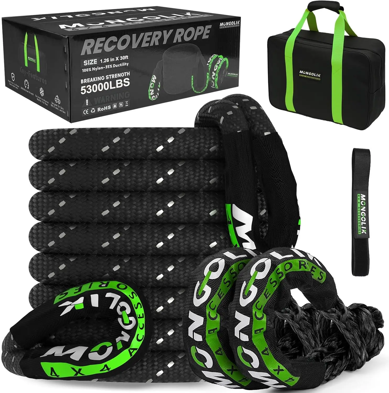 

Комплект кинетических буксировочных тросов 1,26 дюйма x 30 футов, нейлоновые эластичные тросы для буксировки с высокой нагрузочной способностью 53000 фунтов, с мягкими шаклами для грузовиков и внедорожников