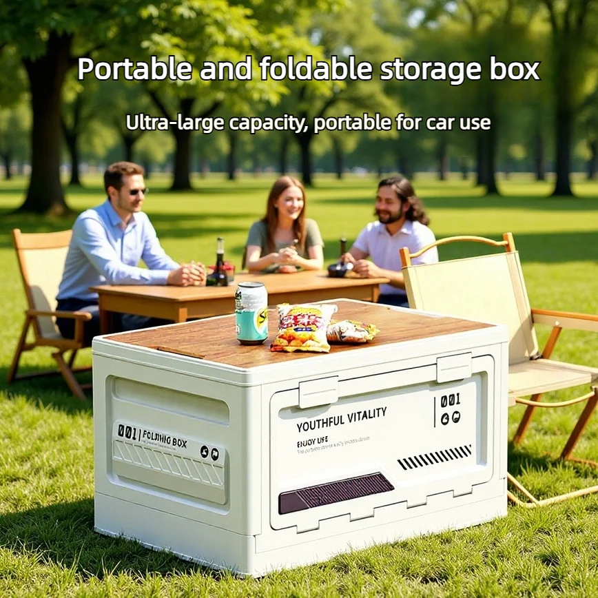 Wooden Lid Folding Storage Box Multifunctional Car Trunk Organizer Outdoor Camping Household Storage Container