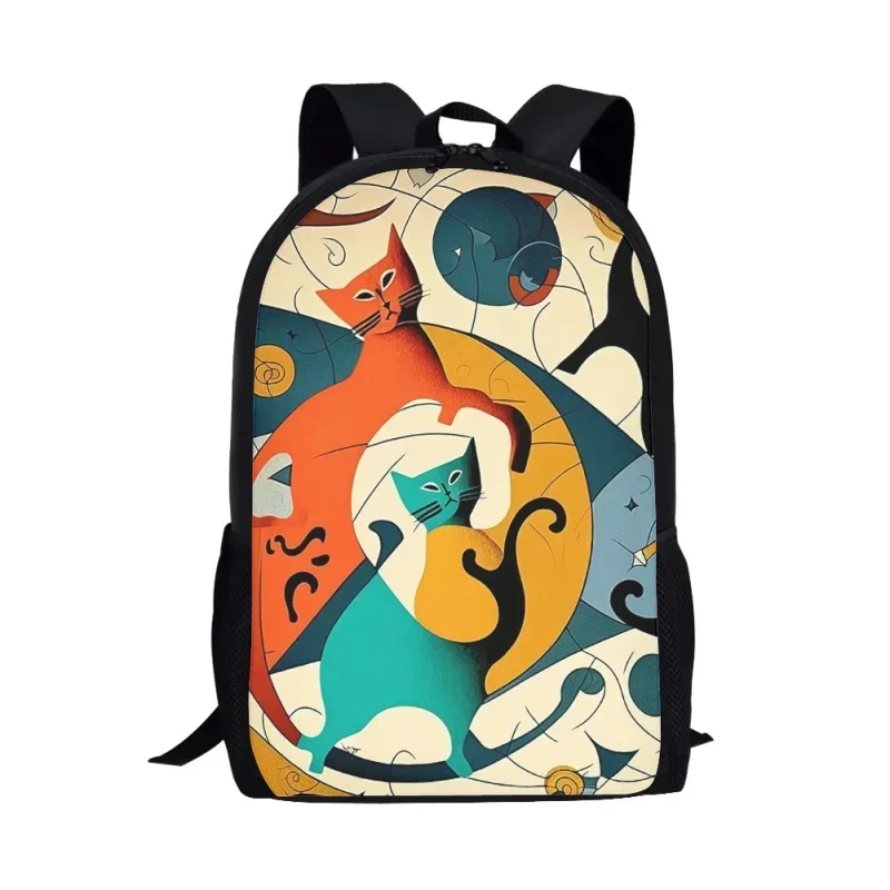 Funny Abstract Cat School Backpack para crianças, mochilas escolares, design de arte, mochila para alunos elementares, meninos, meninas, 16 polegadas