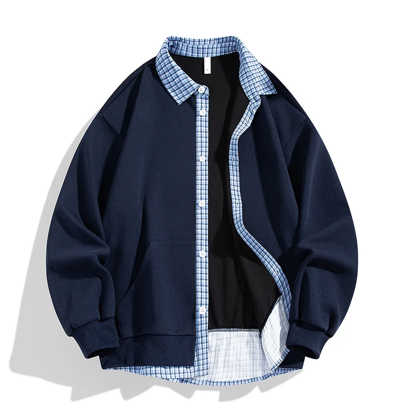 

Мужская контрастная толстовка на пуговицах, искусственная двухсекционная повседневная универсальная клетчатая модная куртка, топы