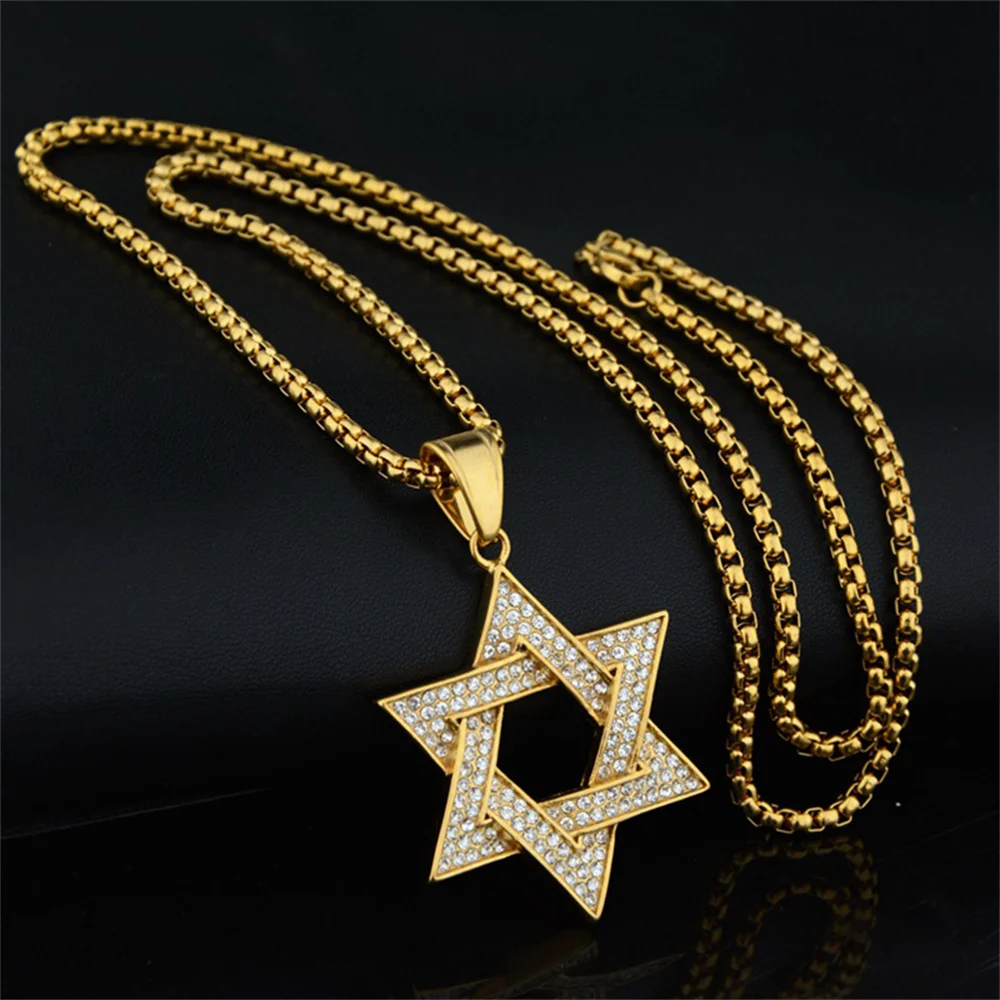 Хип-хоп Iced Out Star Of David кулон мужской золотой цвет ожерелье из нержавеющей стали с гексаграммой для мужчин еврейские украшения подарок на день рождения