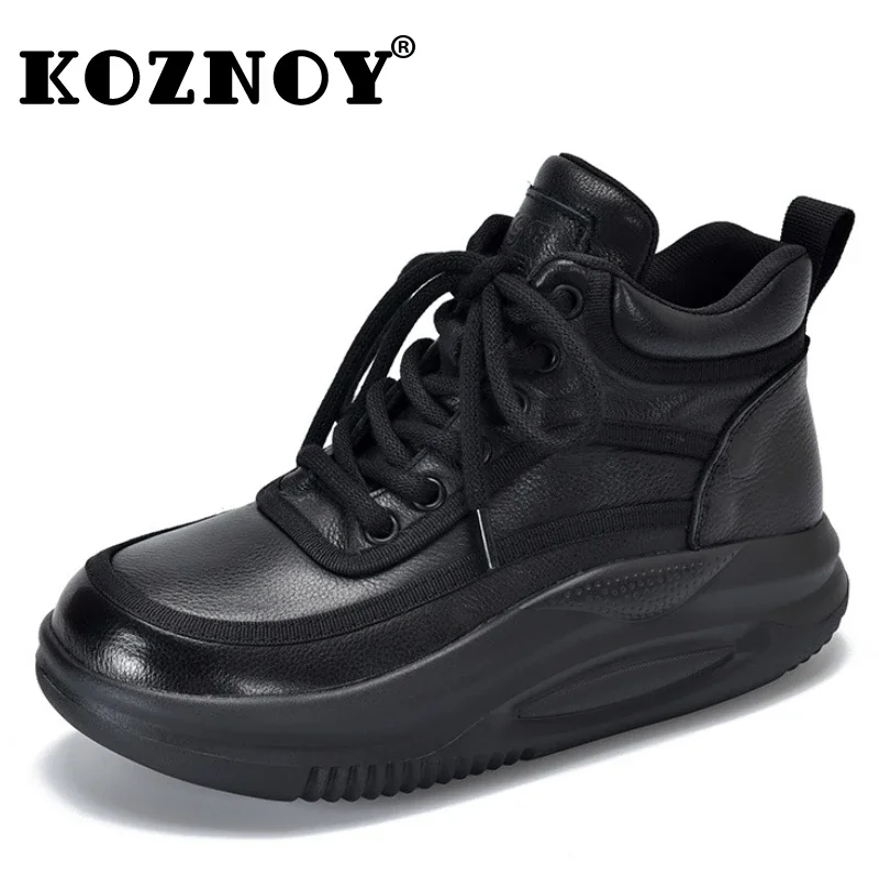 Koznoy 3.5cm Cow Genuine Leather Platform Wedge Chunky Sneakers Vulcanize Comfortable Spring Women Flats Loafer Autumn Shoes