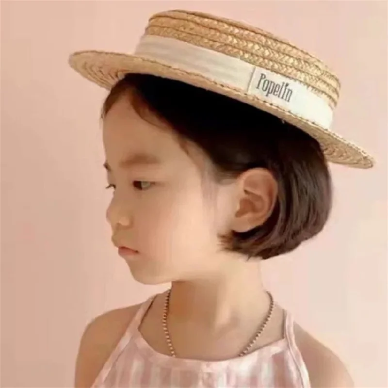 

New Arrivals 2023 Fashion Children Boy Girl Sunhats Flat Top Cap Outdoor Beach Holiday Sunprotection Summer Straw Hat for Kids