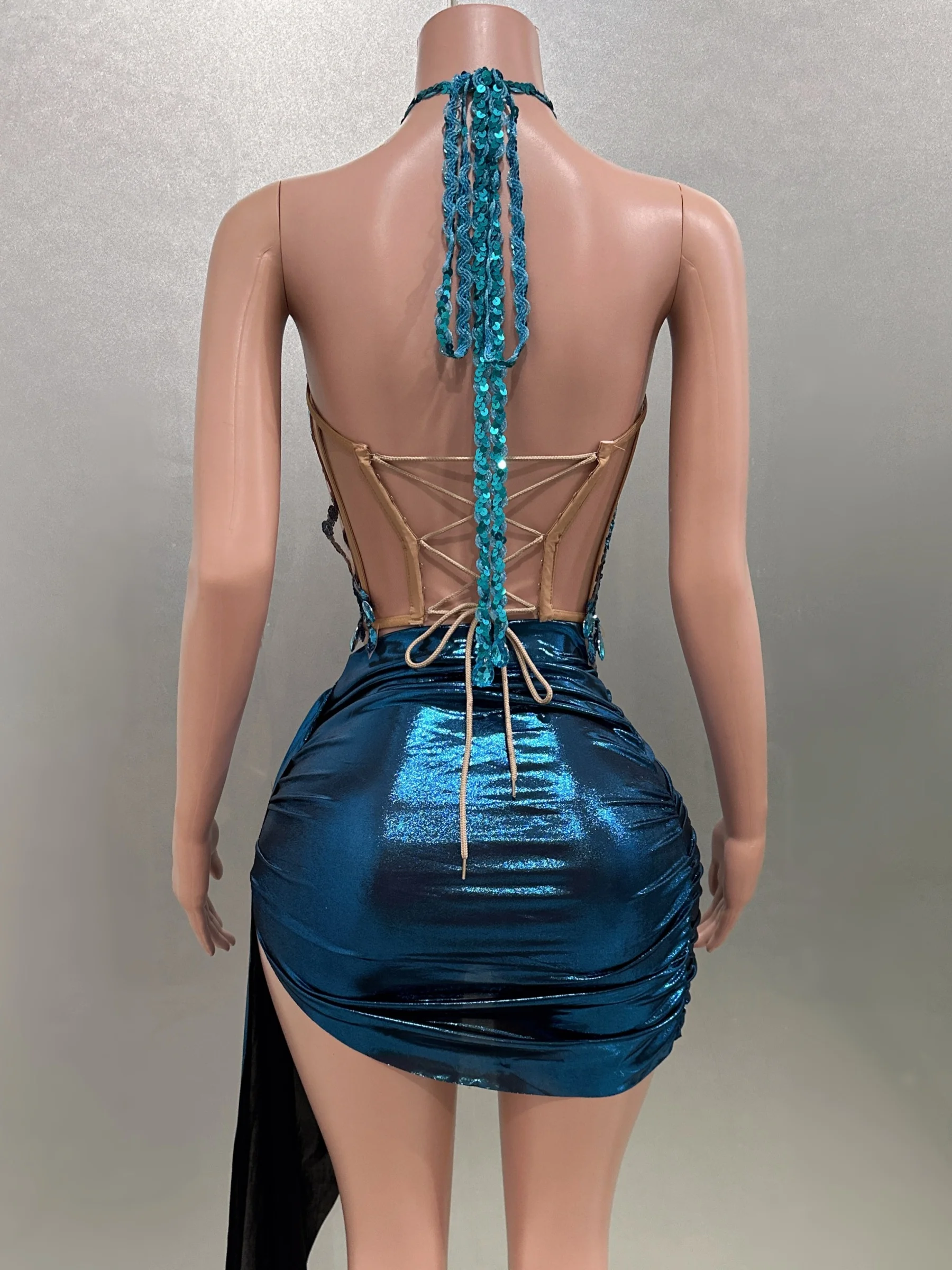 호수색 라인스톤 스팽글 섹시 시스루 탑 시스루 드레스 2피스 세트 이브닝 파티 드레스 바 나이트클럽 가수 댄서 무대 의상