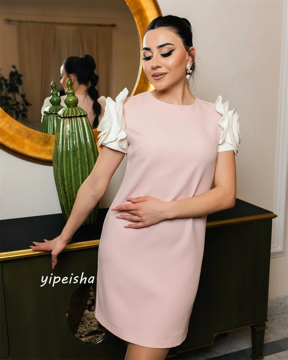 Jersey Flower Pleat Ruched Cocktail Party A-line O-Neck Bespoke Occasion Gown Mini Dresses