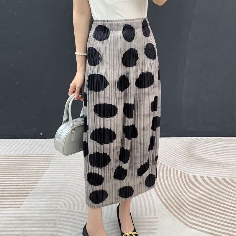 Fold Miyake Pleated Light Grey Black Polka Dot Print High Waist Elastic A Line Midi Skirt Loose Breathable Casual Trendy Bottoms