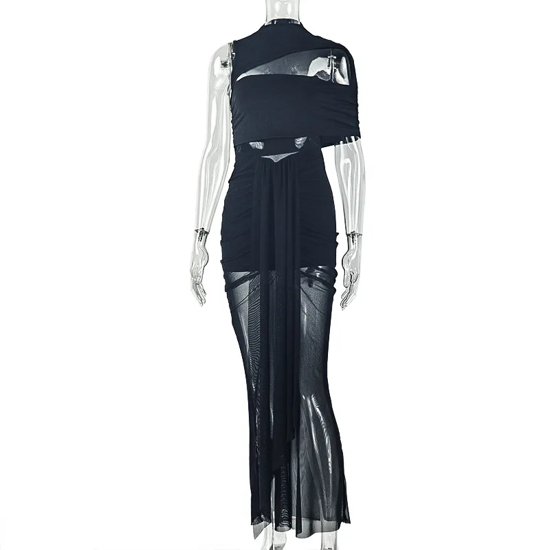 Sukienka maxi na imprezę z wycięciami, siateczką, patchworkiem, marszczeniami, dopasowana, elegancka, seksowna, z jednym ramieniem, długa, wyszczuplająca.