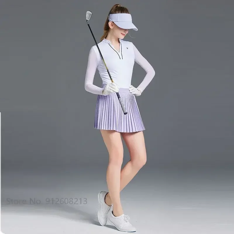 SG Women Pleated Bow Golf Skirt Adjustable Waistband A-line Skort Ladies Breathable Fast Dry Shirt Elastic Ice Silk Golf Tops