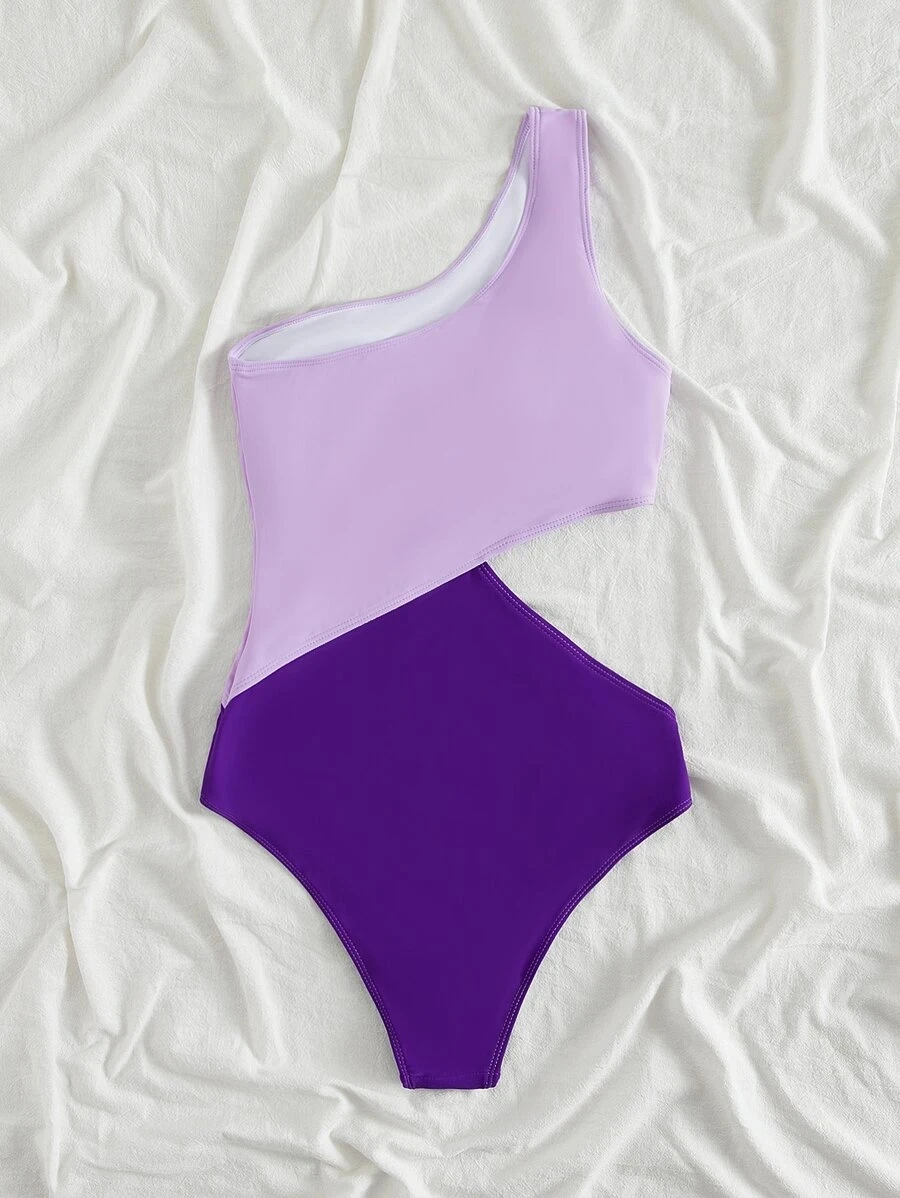 Color Block Cut-out One Shoulder One Piece Swimsuit Two Tone Wonen Swimwear 2022 Solid Color Show Waist