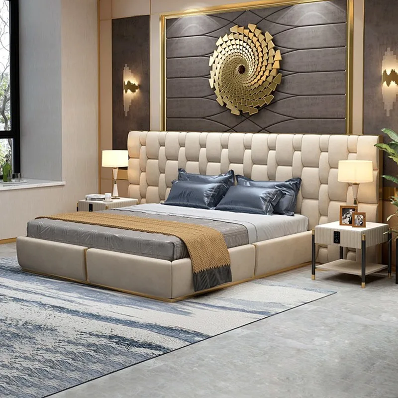 High End Villa Italian Leather Double Bed Upholstered Bedroom Furniture Set Wood Frame Modern Home Luxury king Size Bed