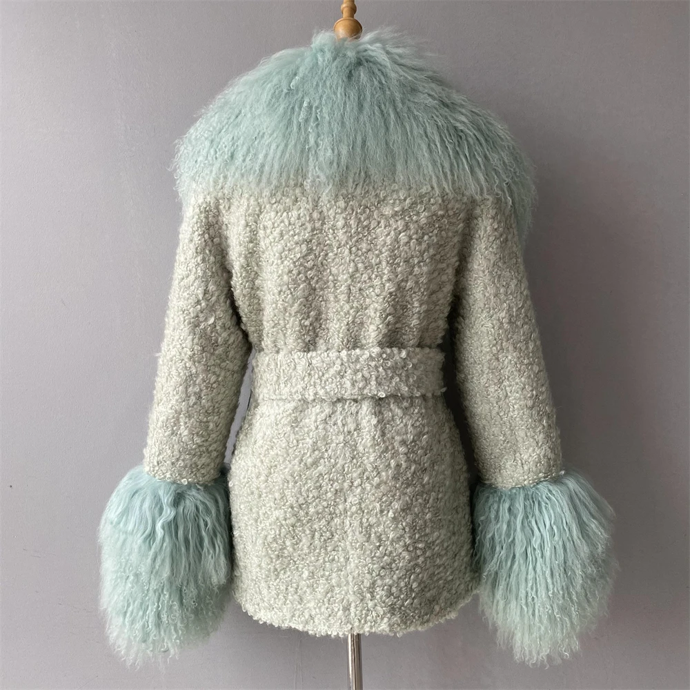 Jxwatcher Women Winter Coat with Real Mongolian Sheep Fur Ladies Fashion Warm Jacket 2024 Fall Elegant Mid-length Coat with Belt