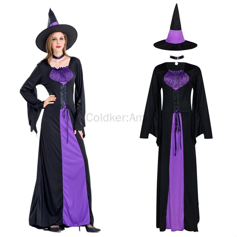 Scary Halloween Costumes Woman Gothic Witch Cosplay Costumes Vampire Carnival Party Purple Deluxe Long Robe Set with Hat