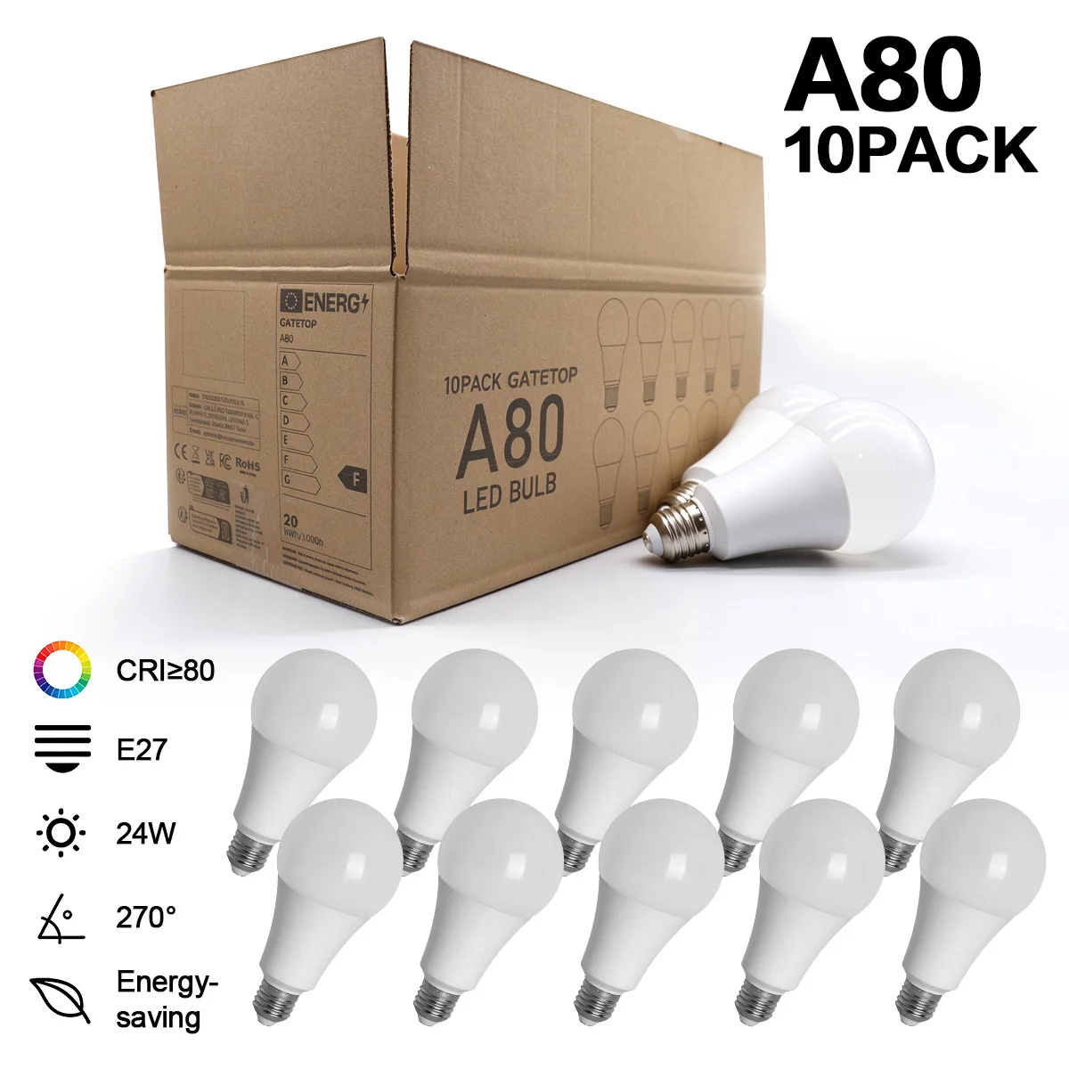 10Pcs 24W A80 E27 LED Bulb 2160 Lumens Super High Brightness AC 220-240V Non Strobe 270° Wide Beam Angle for Indoor Home