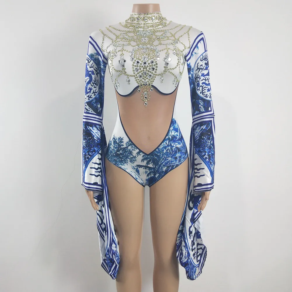 Women Dancer Team Stage Performance Clothes Vintage Printing Rhinestones Bodysuit Pagoda Sleeve Leotard Nightclub Dance Costume