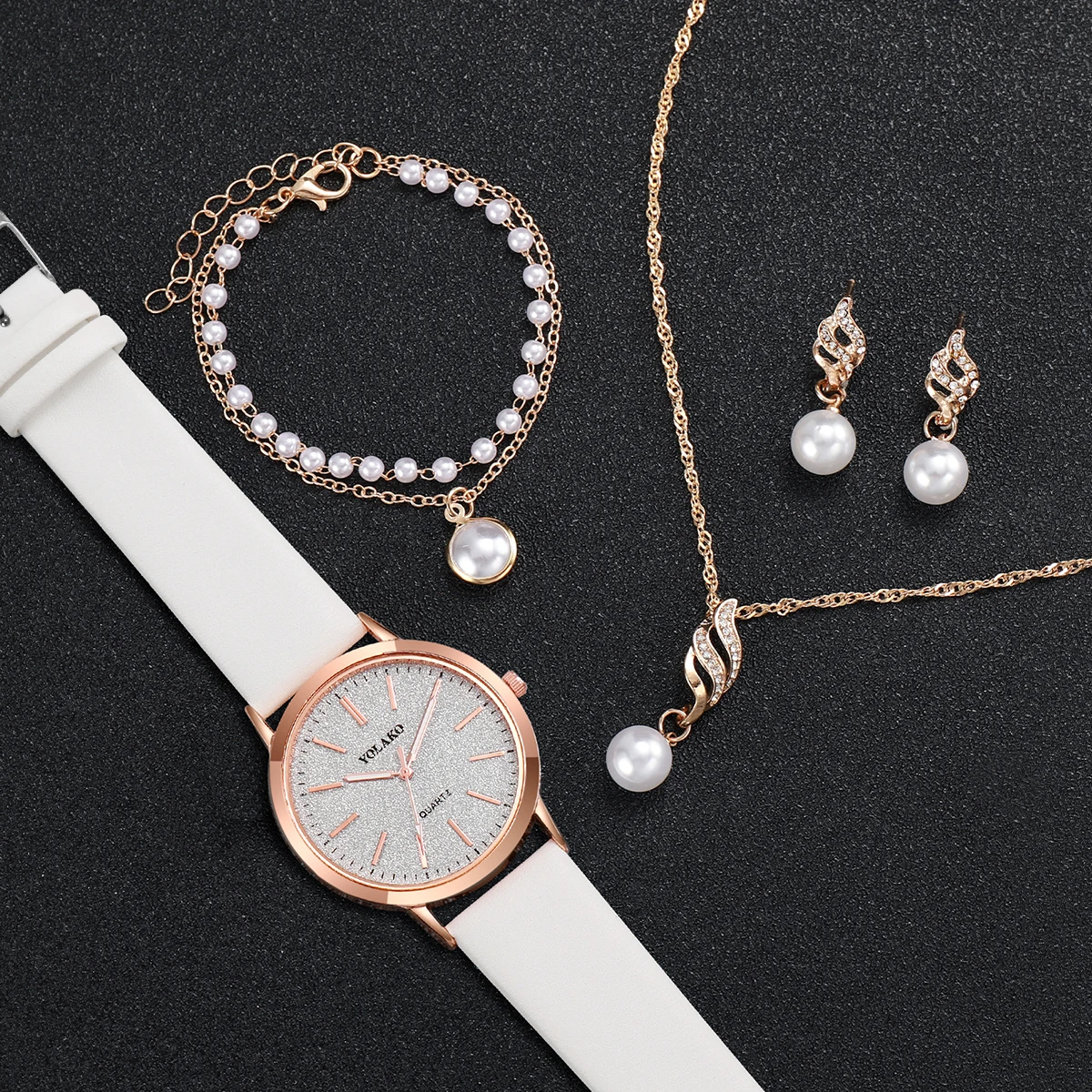 5PCS/Set Fashion Women’s Watch Casual Leather Band Quartz Watch Pearl Jewelry Set（Without Box）