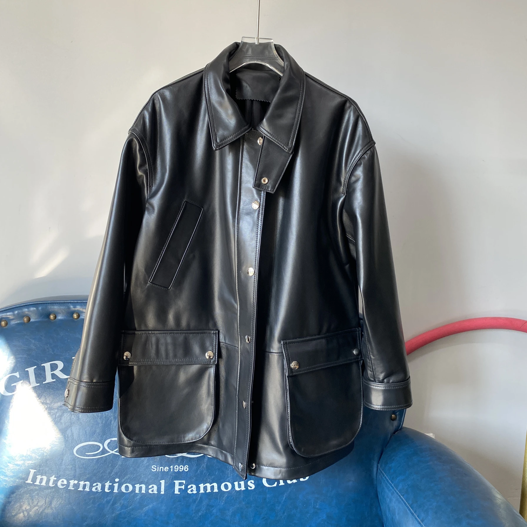 

Chen Tai 2025 New Women's Leather Jaet Long Loose Outerwear eepskin Coat Cool Cruel-Free Bla Medium-Length Coat