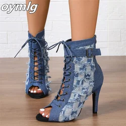 New large-sized high heeled fish mouth sandals for women's fashion slim heel denim style open toe sandals high heels