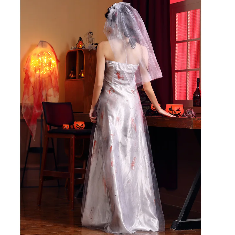 loween Costume da sposa zombie Matrimonio bianco stregato Dr Gonna lunga fino al pavimento con macchie di sangue Gioco di ruolo cosplay da donna...